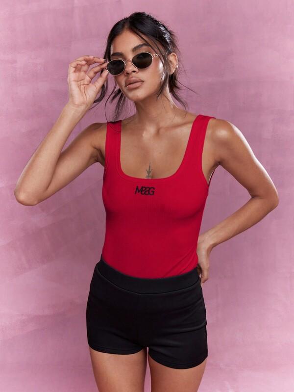 Missguided MISSGUIDED Embroidered Logo Ribbed Square Neck Tank Top