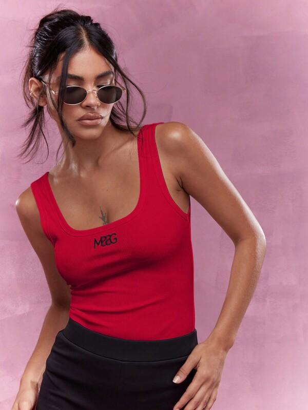 missguided MISSGUIDED Embroidered Logo Ribbed Square Neck Tank Top