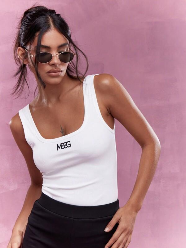 missguided MISSGUIDED Embroidered Logo Ribbed Square Neck Tank Top