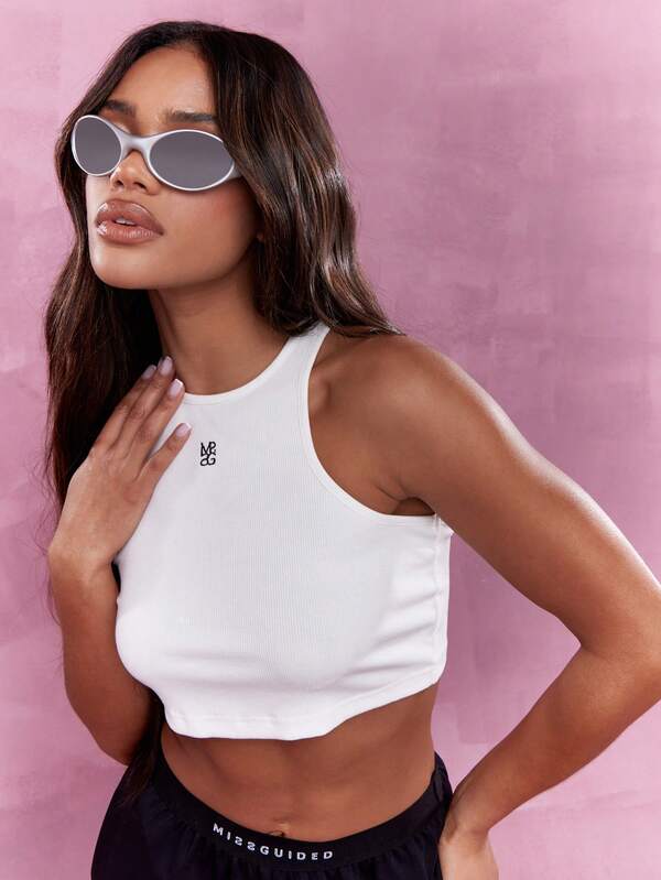 Missguided MISSGUIDED Embroidered Logo Ribbed Tank Crop Top