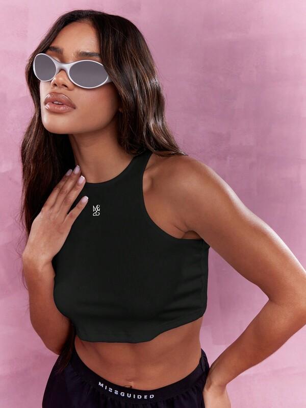Missguided MISSGUIDED Embroidered Logo Ribbed Tank Crop Top