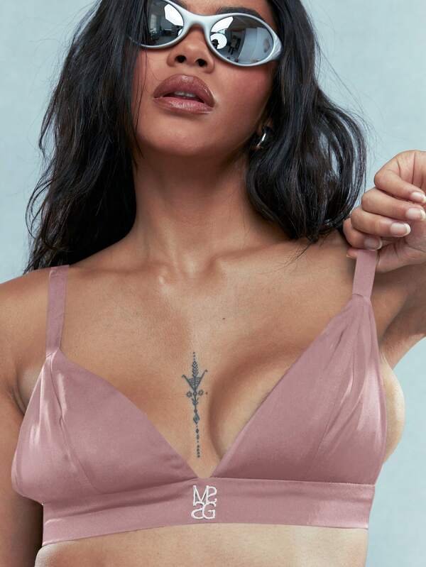 Missguided MISSGUIDED Embroidered Logo Satin Triangle Bra Top
