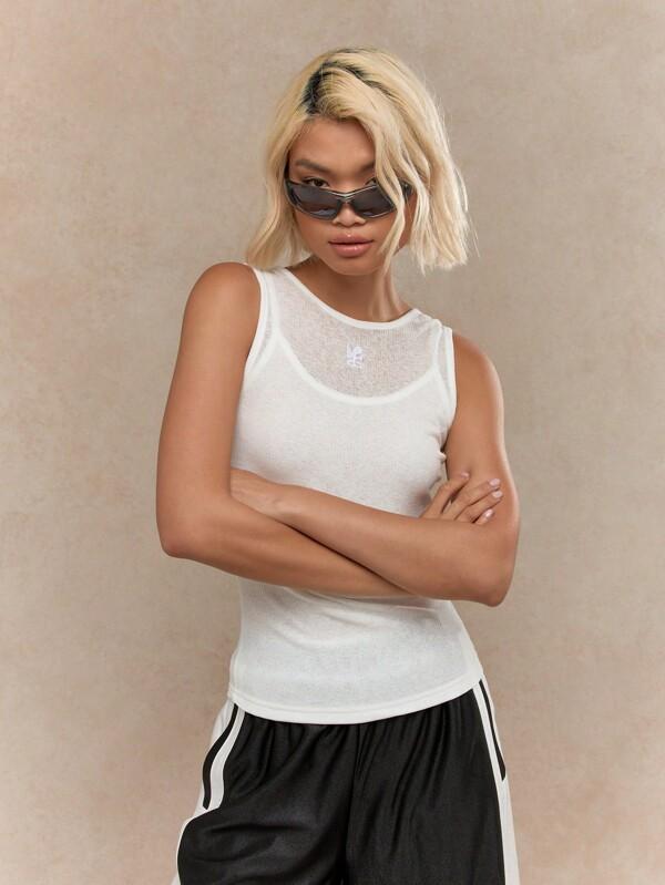 missguided MISSGUIDED Embroidered Logo Sheer Double Layered Tank Top