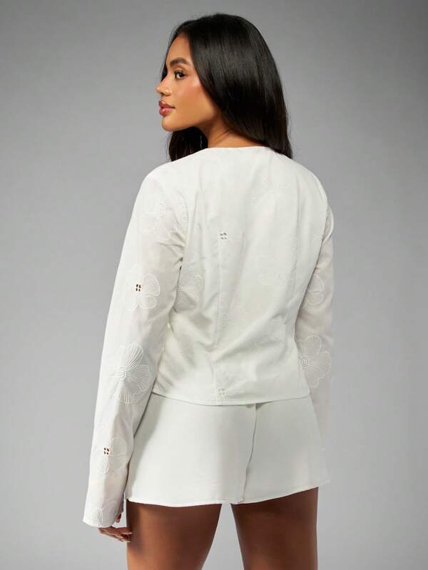 Missguided MISSGUIDED Embroidered Long Sleeve Cut Out Tie Front Blouse