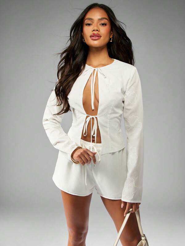 Missguided MISSGUIDED Embroidered Long Sleeve Cut Out Tie Front Blouse