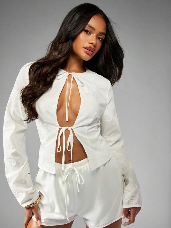 missguided MISSGUIDED Embroidered Long Sleeve Cut Out Tie Front Blouse