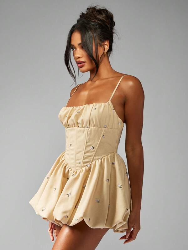 Missguided MISSGUIDED Embroidered Mini Dress With Corset Style Ruched Bustline