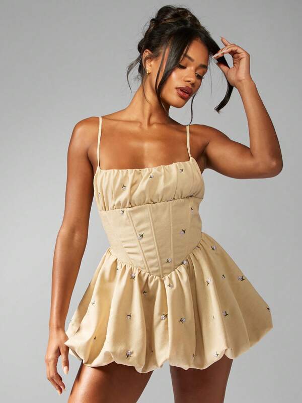 missguided MISSGUIDED Embroidered Mini Dress With Corset Style Ruched Bustline