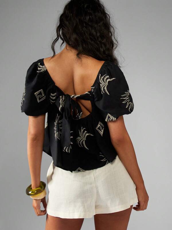 Missguided MISSGUIDED Embroidered Off Shoulder Puff Sleeve Boho Casual Crop Top