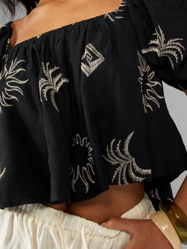 Missguided MISSGUIDED Embroidered Off Shoulder Puff Sleeve Boho Casual Crop Top