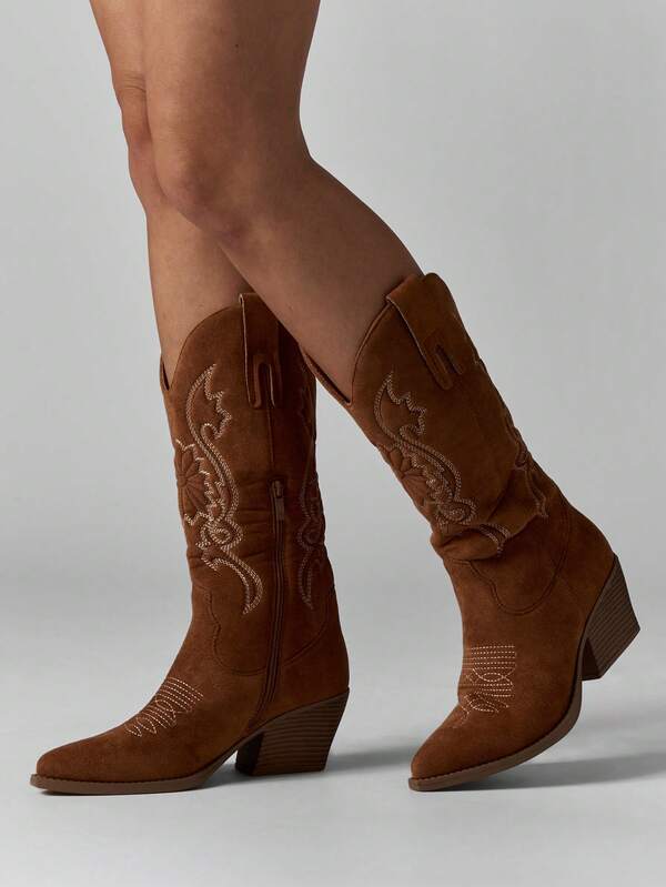 Missguided MISSGUIDED Embroidered Suede Western Boots With Block Heel