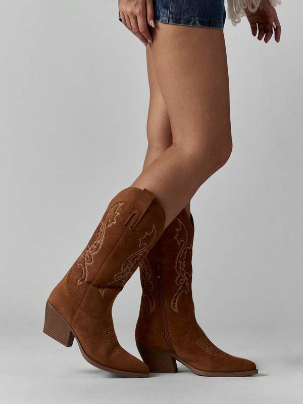 missguided MISSGUIDED Embroidered Suede Western Boots With Block Heel
