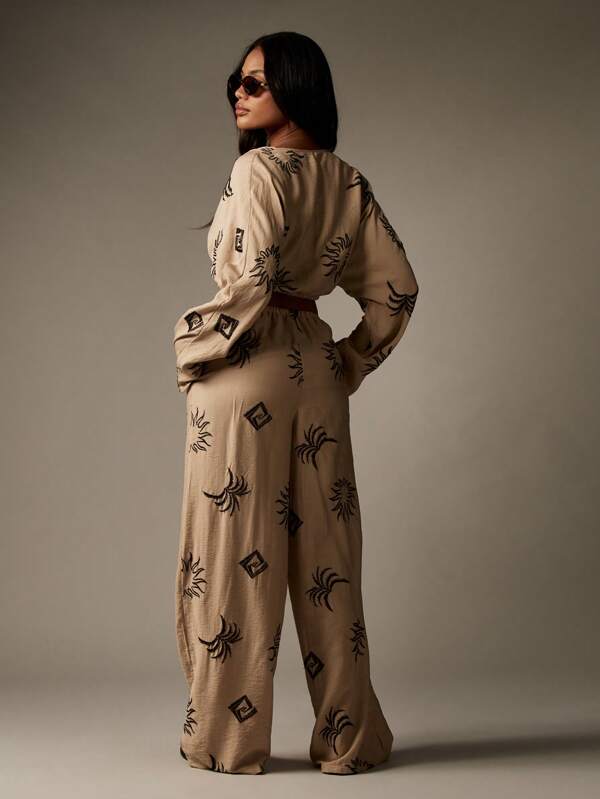 Missguided MISSGUIDED Embroidered Sun Pattern Linen Feel Two-Piece Outfit