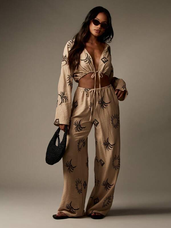 missguided MISSGUIDED Embroidered Sun Pattern Linen Feel Two-Piece Outfit
