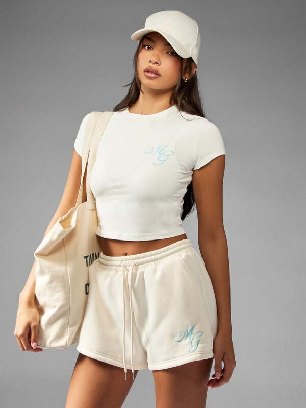 Missguided MISSGUIDED Embroidered White Baby Tee With Blue Script