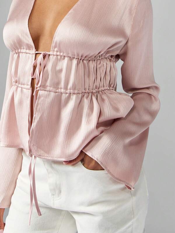 Missguided MISSGUIDED Empire Waist Blouse With Ruched Front And Bell Sleeves