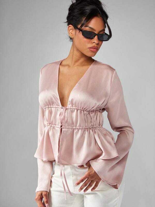 missguided MISSGUIDED Empire Waist Blouse With Ruched Front And Bell Sleeves