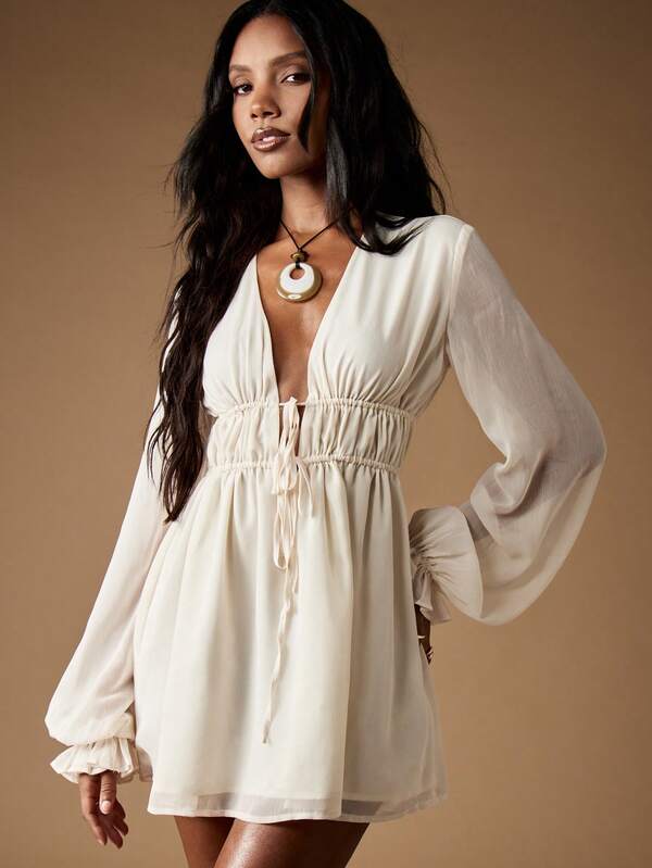 Missguided MISSGUIDED Empire Waist Chiffon Mini Dress With Balloon Sleeves And Plunge Neck