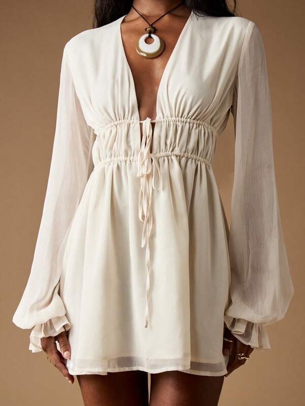 missguided MISSGUIDED Empire Waist Chiffon Mini Dress With Balloon Sleeves And Plunge Neck