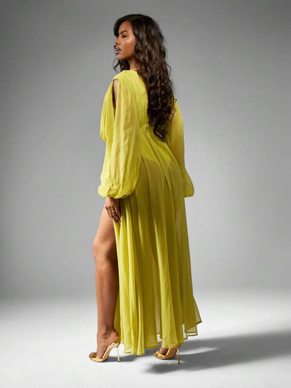 Missguided MISSGUIDED Empire Waist Chiffon Split Sleeve Deep V-Neck Maxi Dress