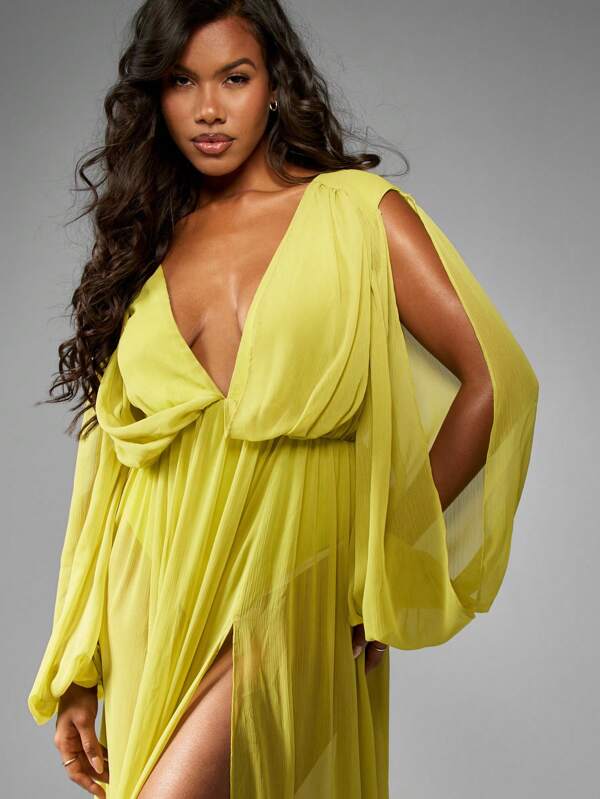 Missguided MISSGUIDED Empire Waist Chiffon Split Sleeve Deep V-Neck Maxi Dress