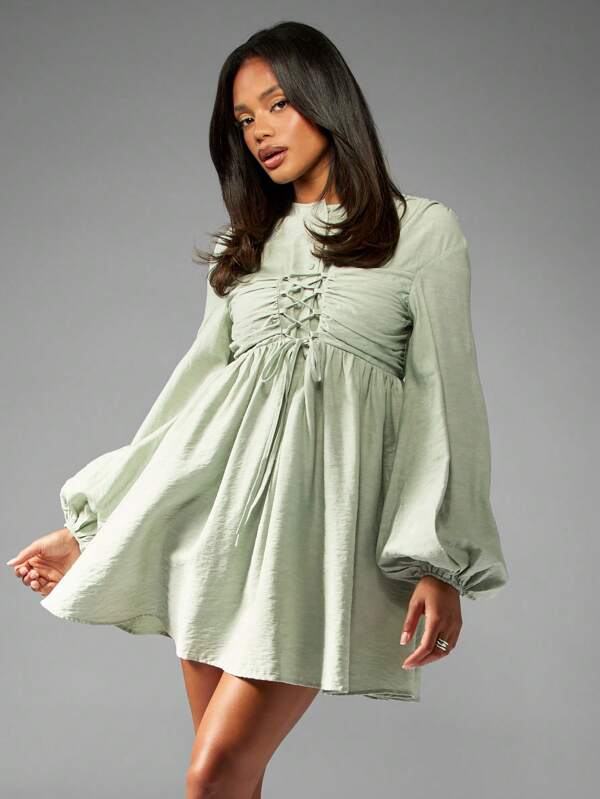 missguided MISSGUIDED Empire Waist Corset Mini Dress With Balloon Sleeves