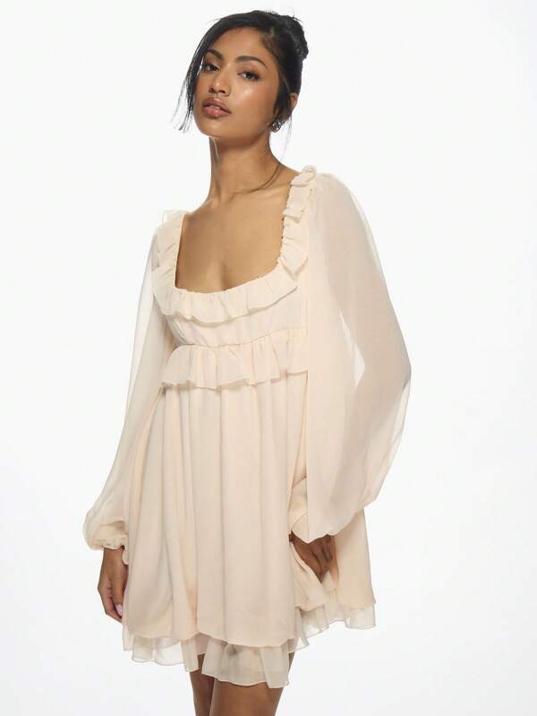 missguided MISSGUIDED Empire Waist Ruffle Mini Dress With Balloon Sleeves