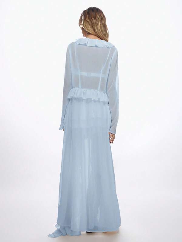 Missguided MISSGUIDED Ethereal Chiffon Longline Ruffle Blouse Flutter Sleeve Tie Front Detail