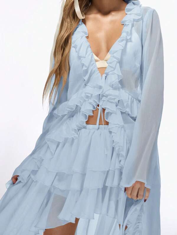 Missguided MISSGUIDED Ethereal Chiffon Longline Ruffle Blouse Flutter Sleeve Tie Front Detail