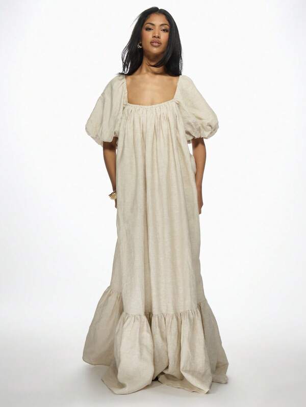 missguided MISSGUIDED Extreme Volume Puff Sleeve Milkmaid Smock Maxi Dress