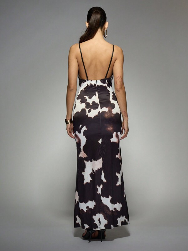 Missguided MISSGUIDED Eyelash Lace Satin Cow Print Maxi Dress