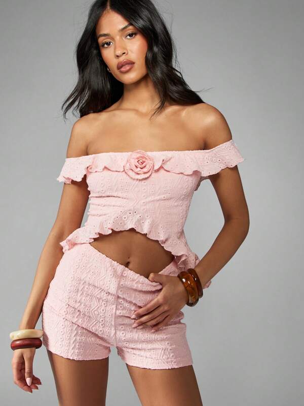 Missguided MISSGUIDED Eyelet Lace Co-Ord Set With Decorative Rose Detail