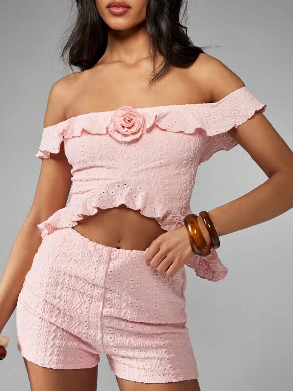 missguided MISSGUIDED Eyelet Lace Co-Ord Set With Decorative Rose Detail