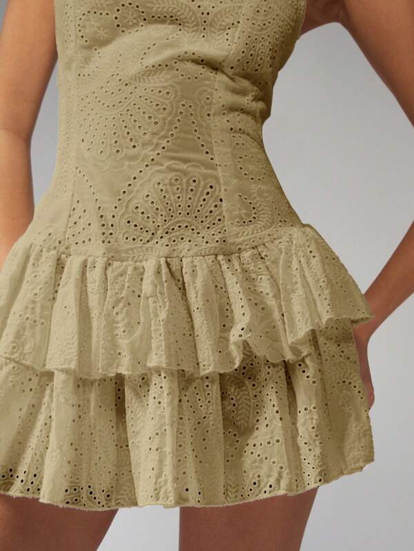 Missguided MISSGUIDED Eyelet Lace Square Neck Tiered Ruffle Skirt Mini Dress