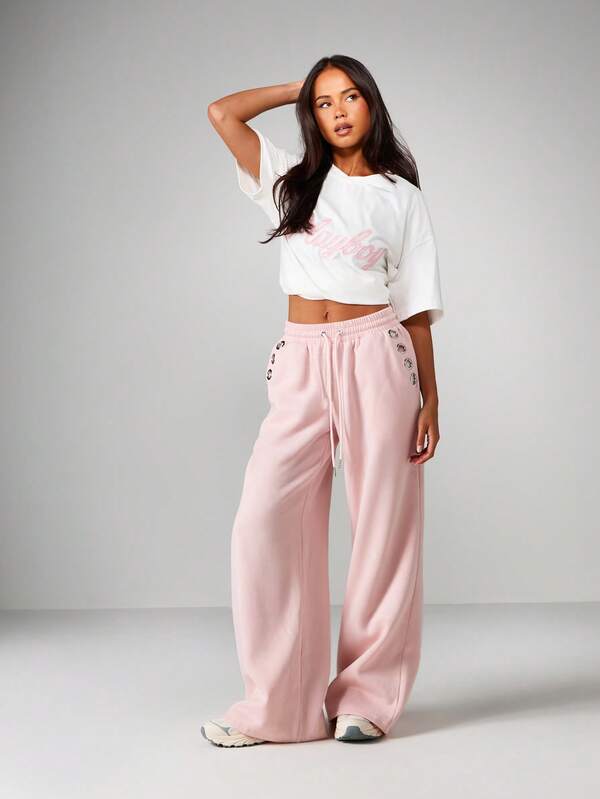 Missguided MISSGUIDED Eyelet Wide Leg High Waisted Joggers