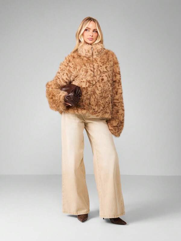 Missguided MISSGUIDED Faux Fur Zip Up Cropped Jacket