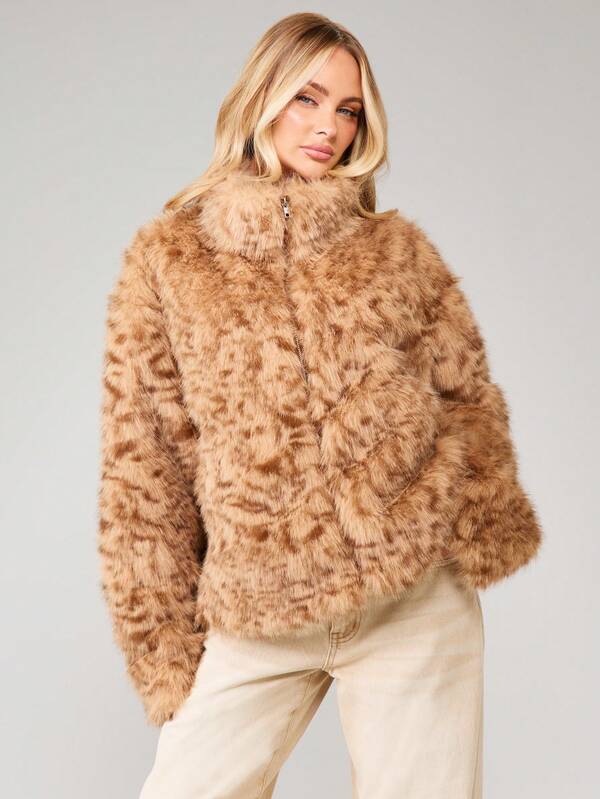 missguided MISSGUIDED Faux Fur Zip Up Cropped Jacket