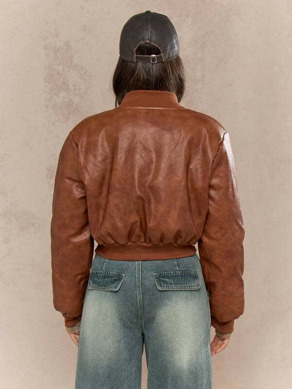 Missguided MISSGUIDED Faux Leather Bomber Crop Winter Coat Has Ribbed Trim
