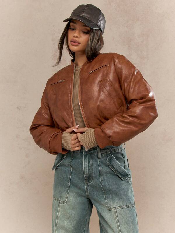 Missguided MISSGUIDED Faux Leather Bomber Crop Winter Coat Has Ribbed Trim
