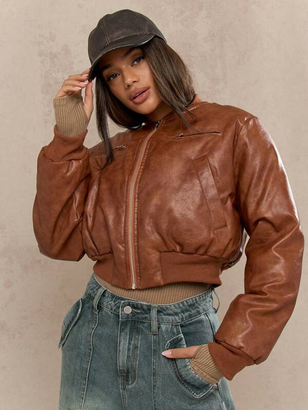 missguided MISSGUIDED Faux Leather Bomber Crop Winter Coat Has Ribbed Trim
