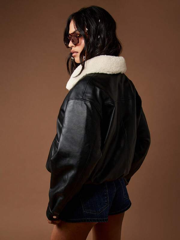 Missguided MISSGUIDED Faux Leather Bomber Jacket With Sherpa Collar