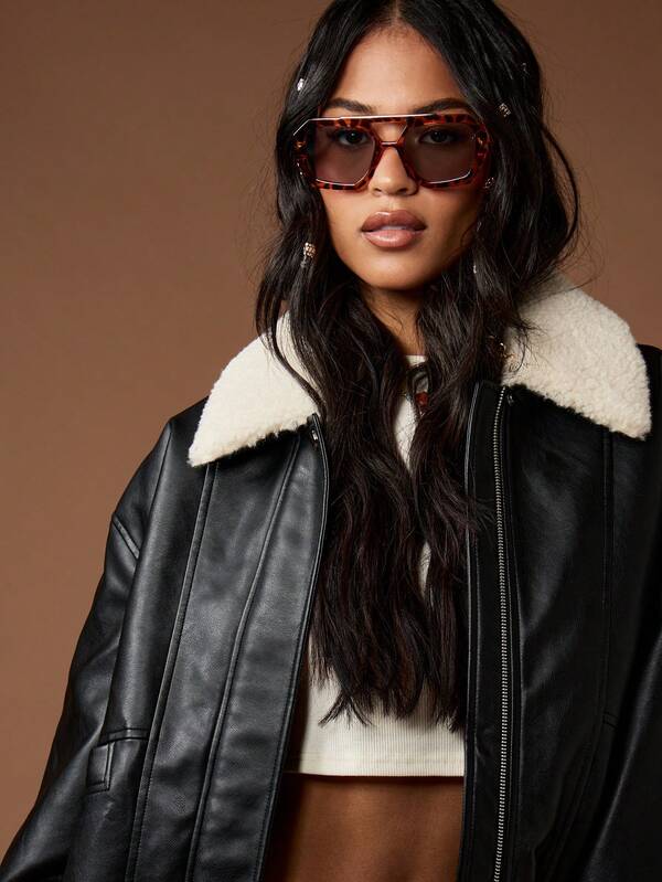 Missguided MISSGUIDED Faux Leather Bomber Jacket With Sherpa Collar