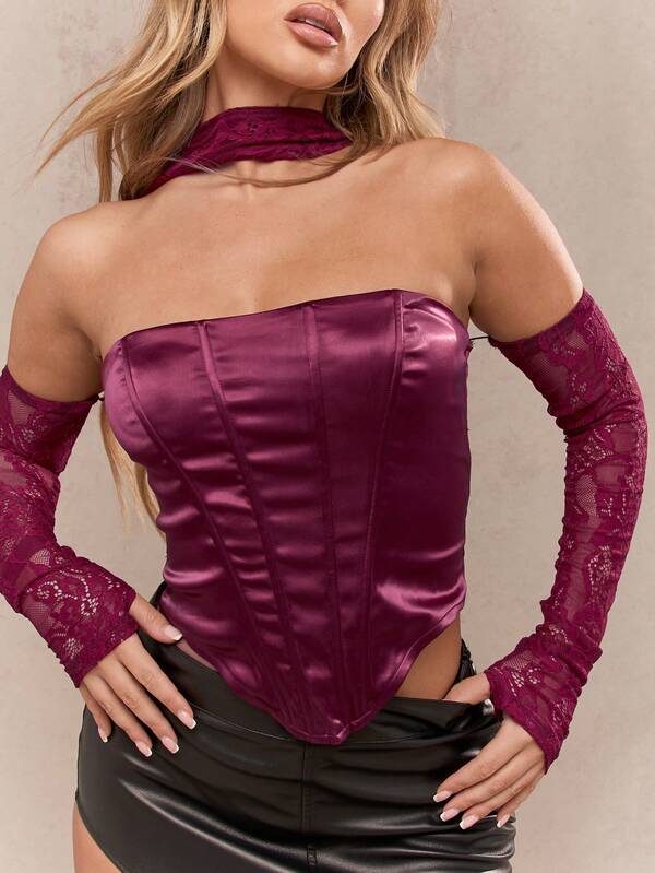 Missguided MISSGUIDED Faux Leather Curved Hem Corset Top With Lace Back And Neck Detail And Sleeves