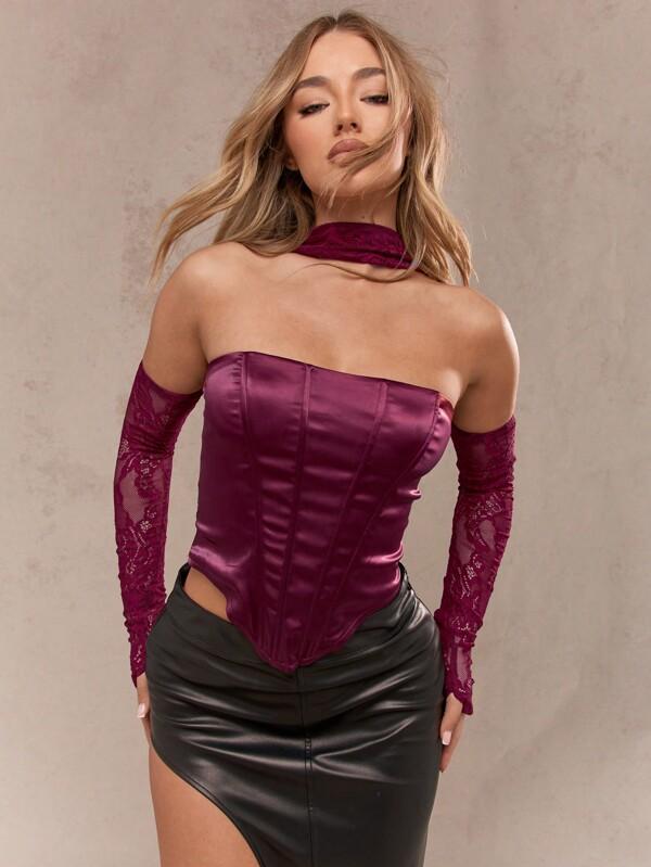 missguided MISSGUIDED Faux Leather Curved Hem Corset Top With Lace Back And Neck Detail And Sleeves