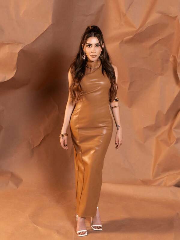 missguided MISSGUIDED Faux Leather Halter Neck Midaxi Dress With Back Slit