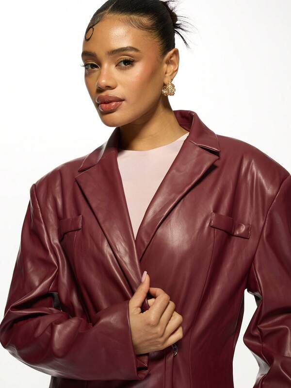 Missguided MISSGUIDED Faux Leather Long Double-Breasted Trench Coat