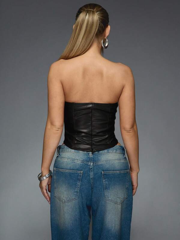 Missguided MISSGUIDED Faux Leather Strapless Corset Bustier Crop Top With Paneled Design