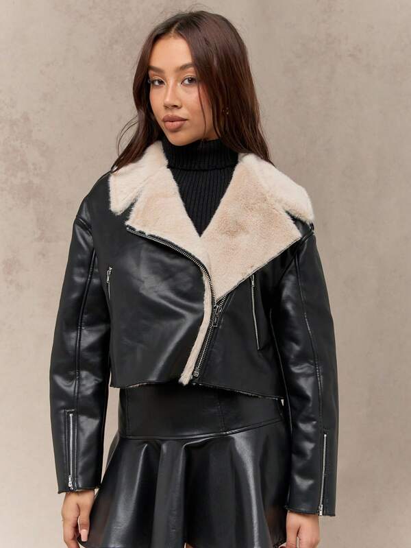 Missguided MISSGUIDED Faux Shearling Cropped Aviator Moto Asymmetrical Zip Jacket