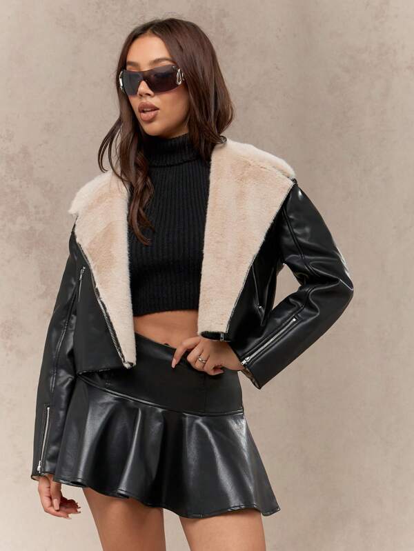 missguided MISSGUIDED Faux Shearling Cropped Aviator Moto Asymmetrical Zip Jacket