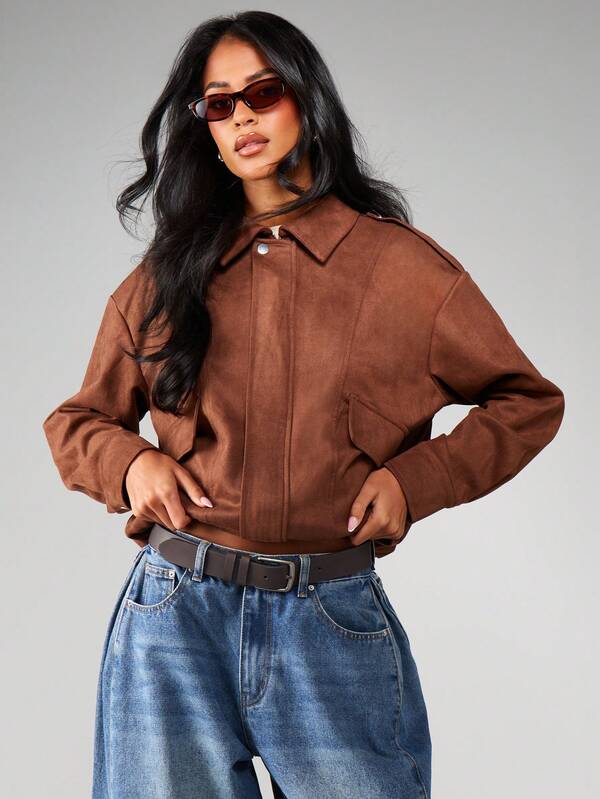 missguided MISSGUIDED Faux Suede Bomber Jacket With Ribbed Cuffs